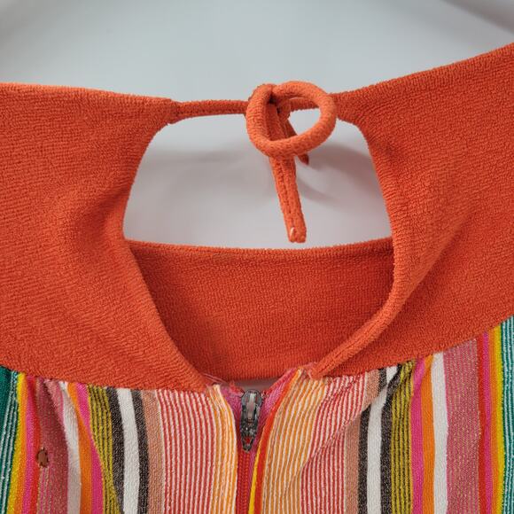 VTG Sears 70s Multicolor Striped House Coat Small Orange Robe Keyhole Back - Picture 14 of 16